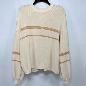 Oversized Stripe Balloon Sleeve Sweater Gentle Fawn Ivory Tan Chunky Size Large